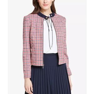 TOMMY HILFIGER Women's RED BLUE WHITE HOUNDSTOOTH  Plaid Zip-Up Jacket Sz 4
